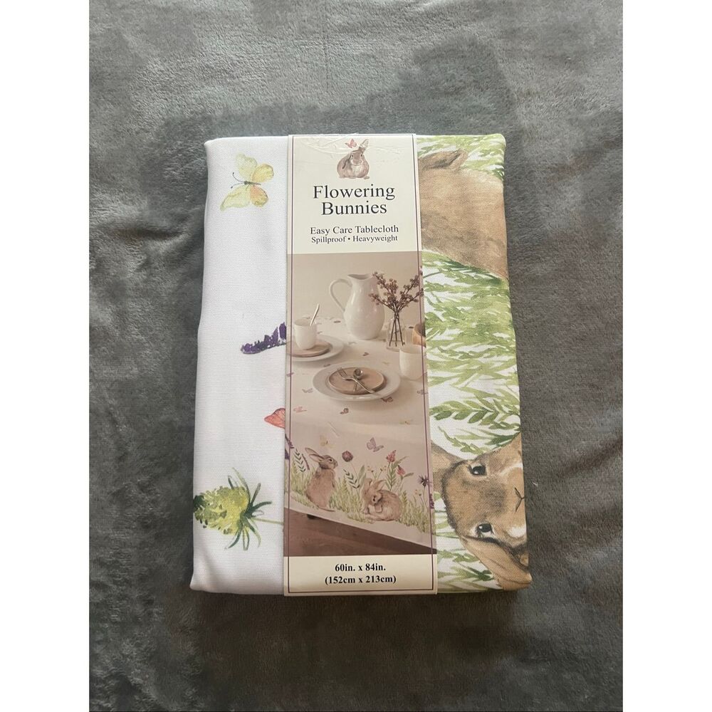 Benson Mills Flowering Bunnies Easy Care Tablecloth Oblong 60in. X 84in. NEW-Sma